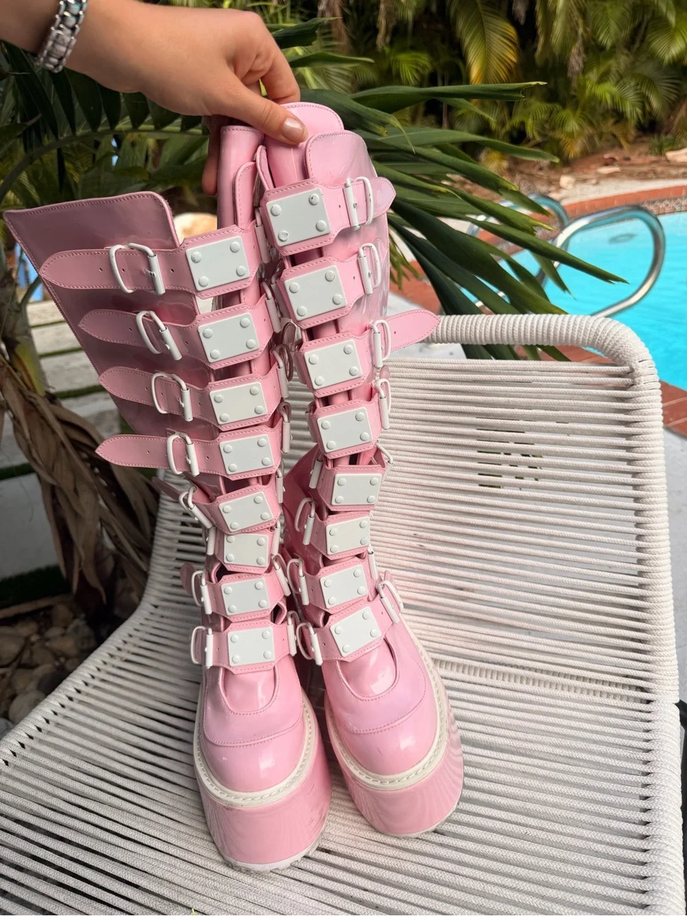 Dolls Kill holographic Pink Buckle Platform Rave Boots